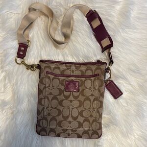 Coach Signature Crossbody Bag in Tan and Burgundy